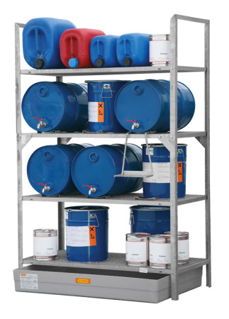 Fassregal mit Auffangwanne, 4 Lagerebenen 